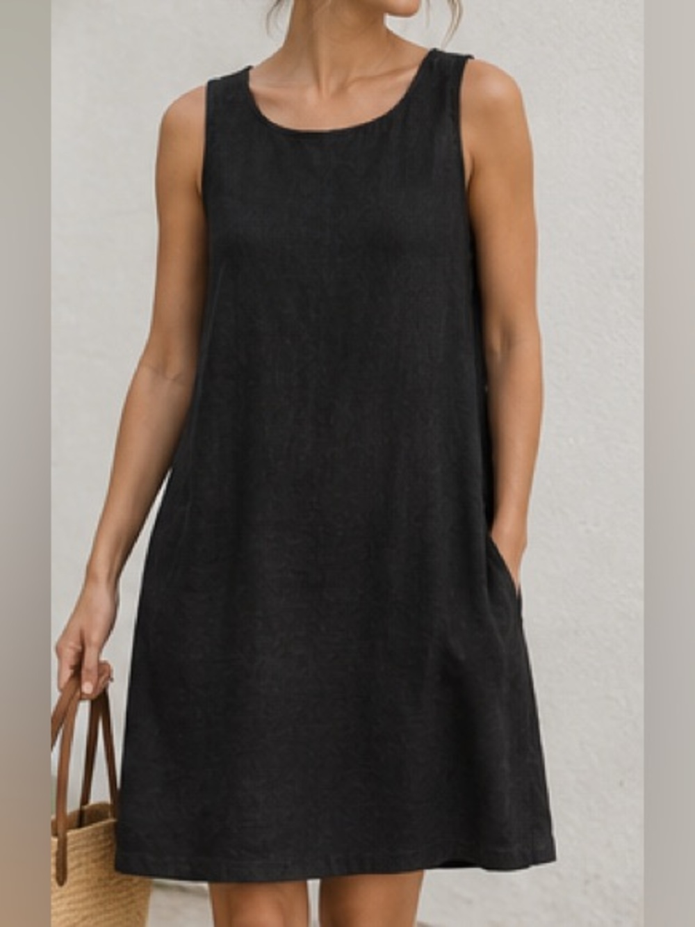 Black 100% Linen Shift Dress Women’s L Sleeveless A-Line Casual with Pockets